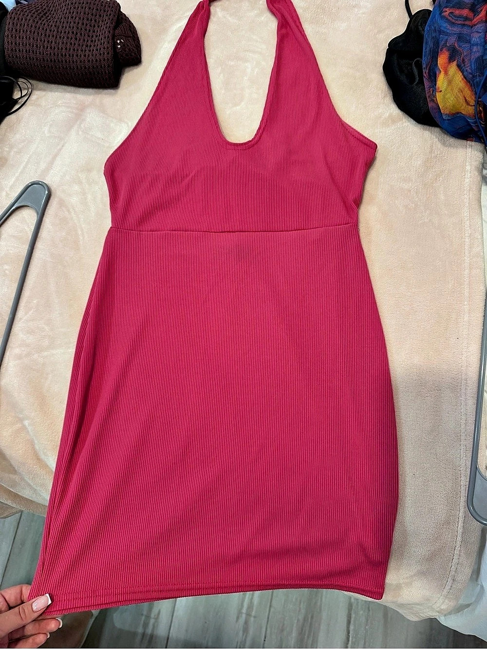 Prettylittlething Pink Ribbed Halter Mini Dress Like New